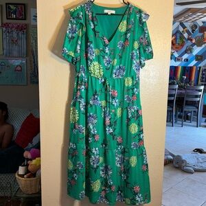 NWOT Loft green floral maxi dress seersucker style fabric, double layered m
